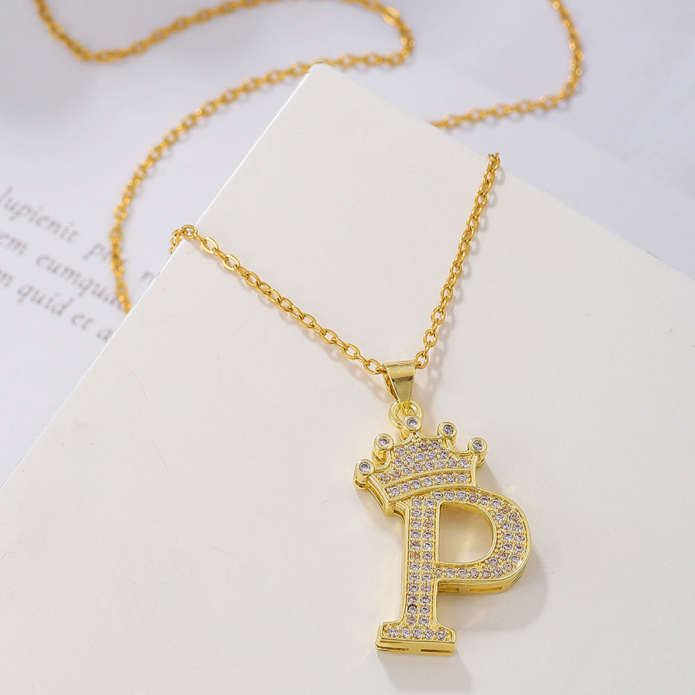 Crown Initial Pendant Necklace – Gold-Tone with Zircon