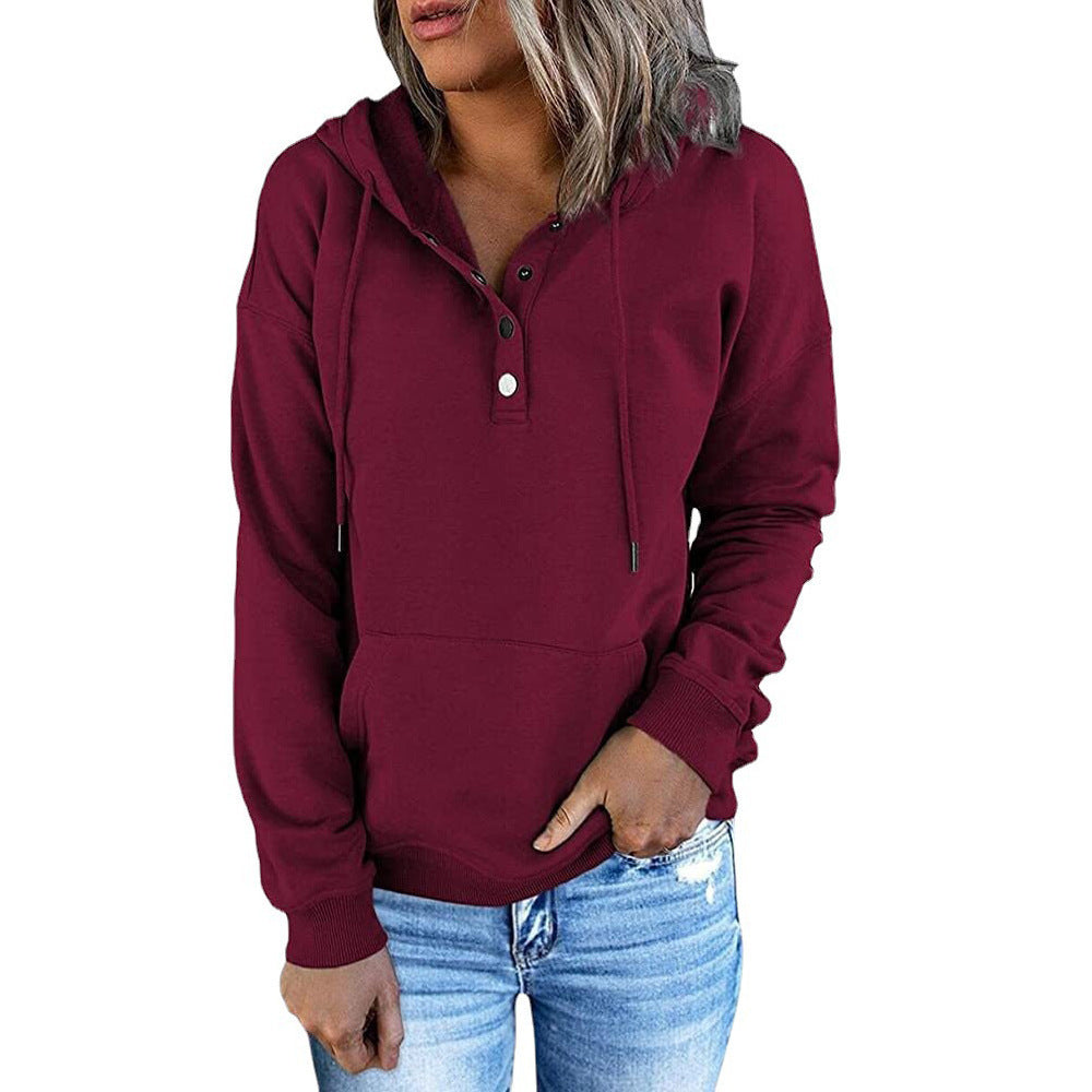 Button-Neck Hooded Sweatshirt with Pockets – Women's