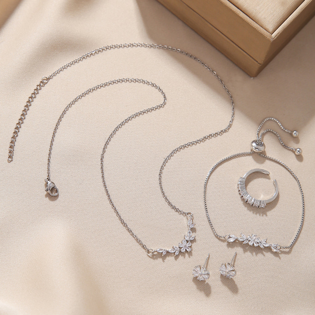 Zircon Flower 5-Piece Jewelry Set – Silver-Tone