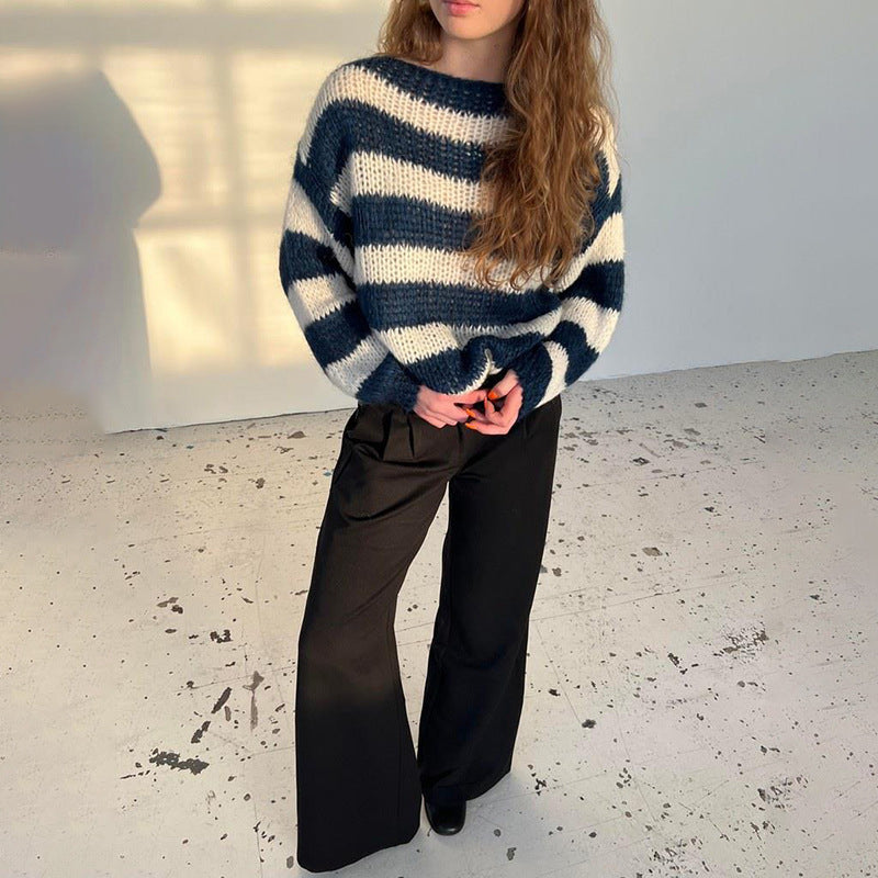 Striped Loose Knit Pullover Sweater – Women's